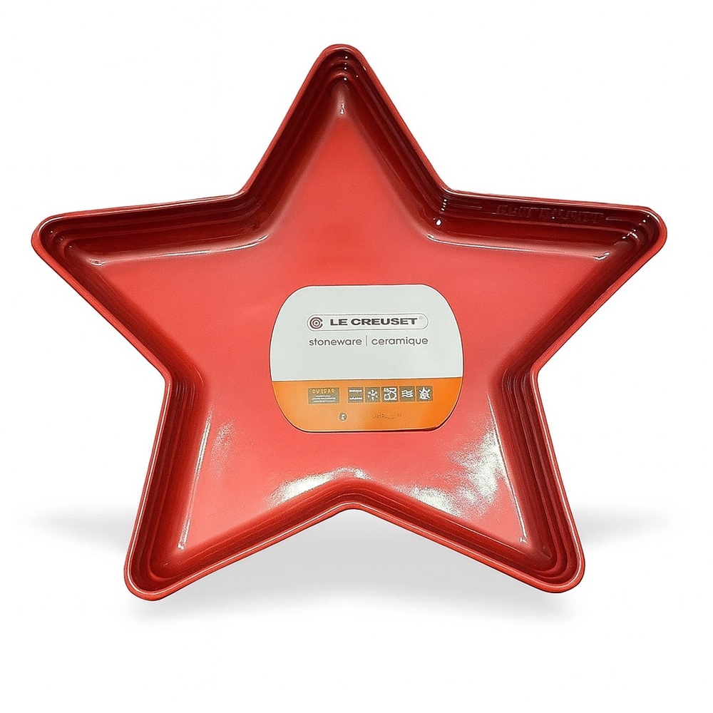 NEW in Box Le Creuset Cerise Red Star Stoneware Platter Dish